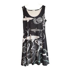 CowCow Shark Ocean Wave Print Sleeveless Swing Dress Size 2XL Stretch